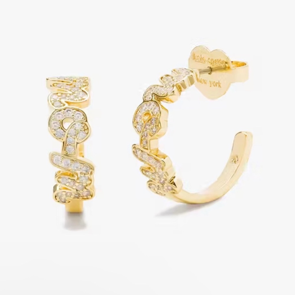 “Love You Mom” Kate Spade NY Gold Tone Crystal Huggie Hoop Earrings